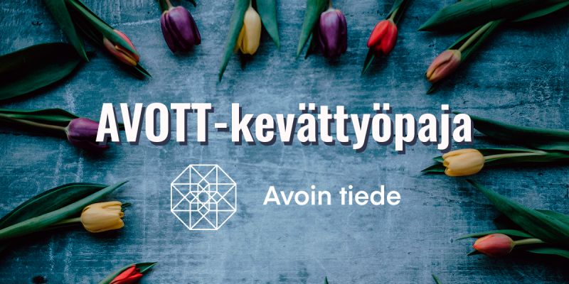 Tulpaner samt texten AVOTT-vårworkshop (på finska) på blå bakgrund