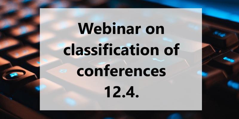 Image of a keyboard and a text "Webinar on classification of conferences 12.4.".