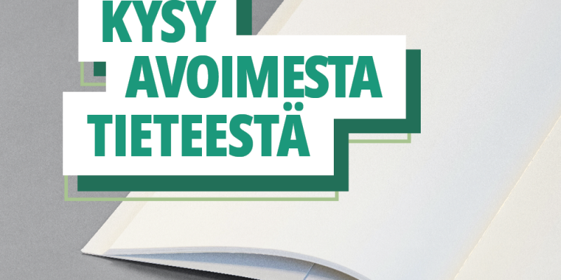 Teksti: Kysy avoimesta tieteestä. Taustalla tyhjä lehtiö.