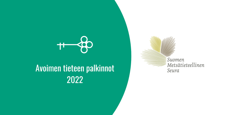 Avain vihreällä taustalla, teksti Avoimen tieteen palkinnot 2022 ja Suomen Metsätieteellisen seuran logo.