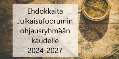 Kuvituskuva tekstillä "Ehdokkaita Julkaisufoorumin ohjausryhmään kaudelle 2024-2027".
