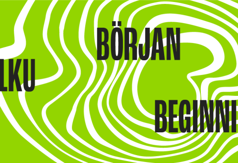 Teksti: Alku, Början, Beginning. Taustalla vihreää ja valkoista grafiikkaa.