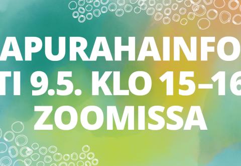 Kuvituskuvassa teksti: Apurahainfo ti 9.5. klo 15-16 Zoomissa.