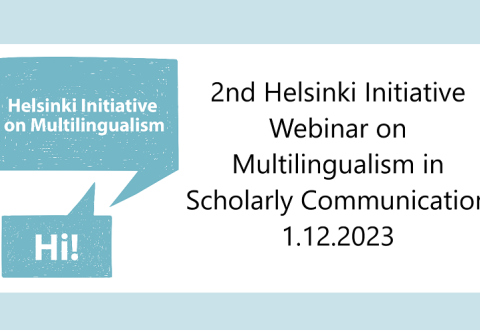 Image of the Helsinki initiative logo and text "2nd Helsinki initiative webinar on multilingualism in scholarly communication 1.12.2023".