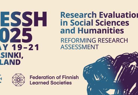 Kuvituskuva, jossa lukee RESSH2025. Research evaluation in social sciences and humanities. May 19-21, Helsinki, Finland. ENRESSH:n ja TSV:n logot.